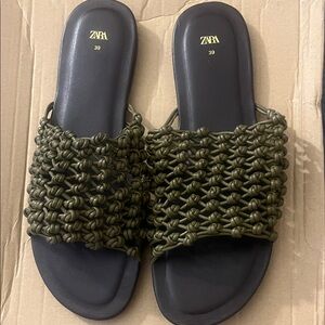 ZARA Olive Braided Slide Sandals - Black Footbed